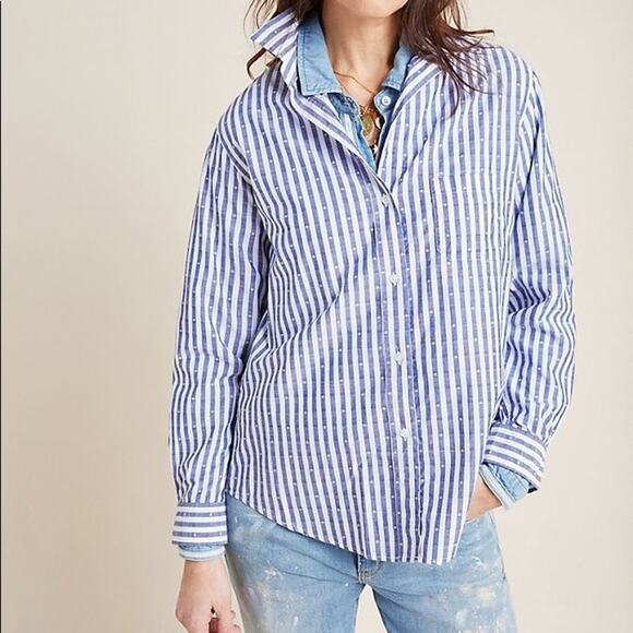 Grayson for Anthropologie Blue & White Stripped Button Down Shirt - Picture 6 of 6